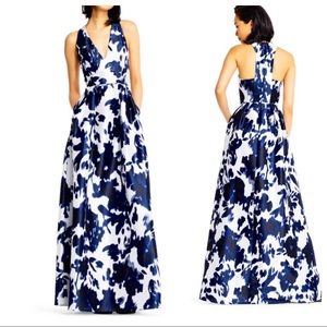 Adrianna Papell Floral Print Ball Gown with Deep V-Neck and T-Back